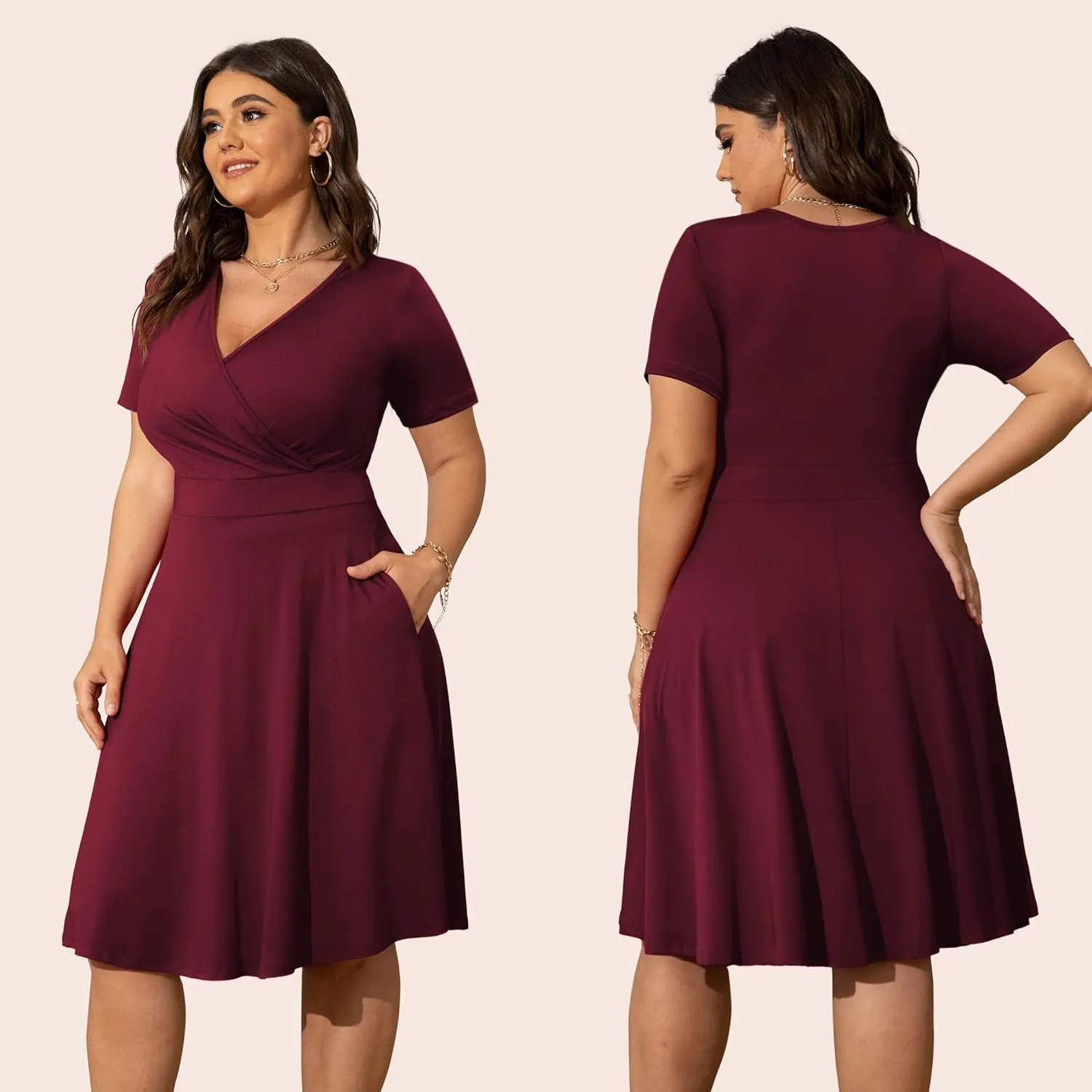 POSESHE Womens Plus Size Dresses Summer Short Sleeve Wrap V-Neck Sundress Casual Wedding Guest Cocktail Dress with Pockets