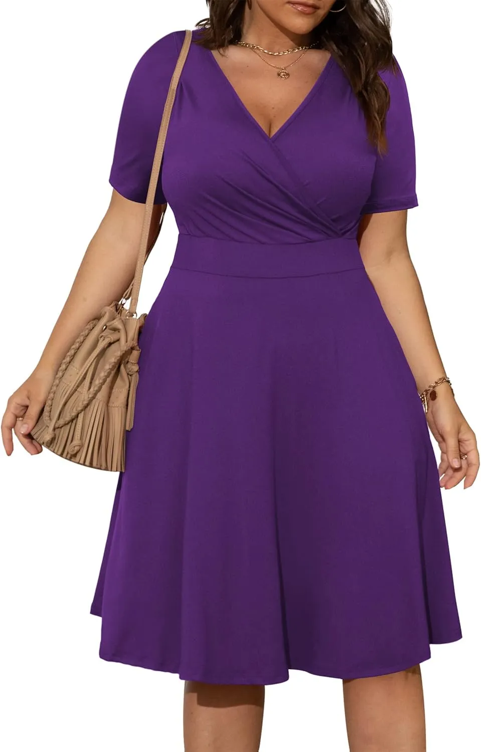 POSESHE Womens Plus Size Dresses Summer Short Sleeve Wrap V-Neck Sundress Casual Wedding Guest Cocktail Dress with Pockets