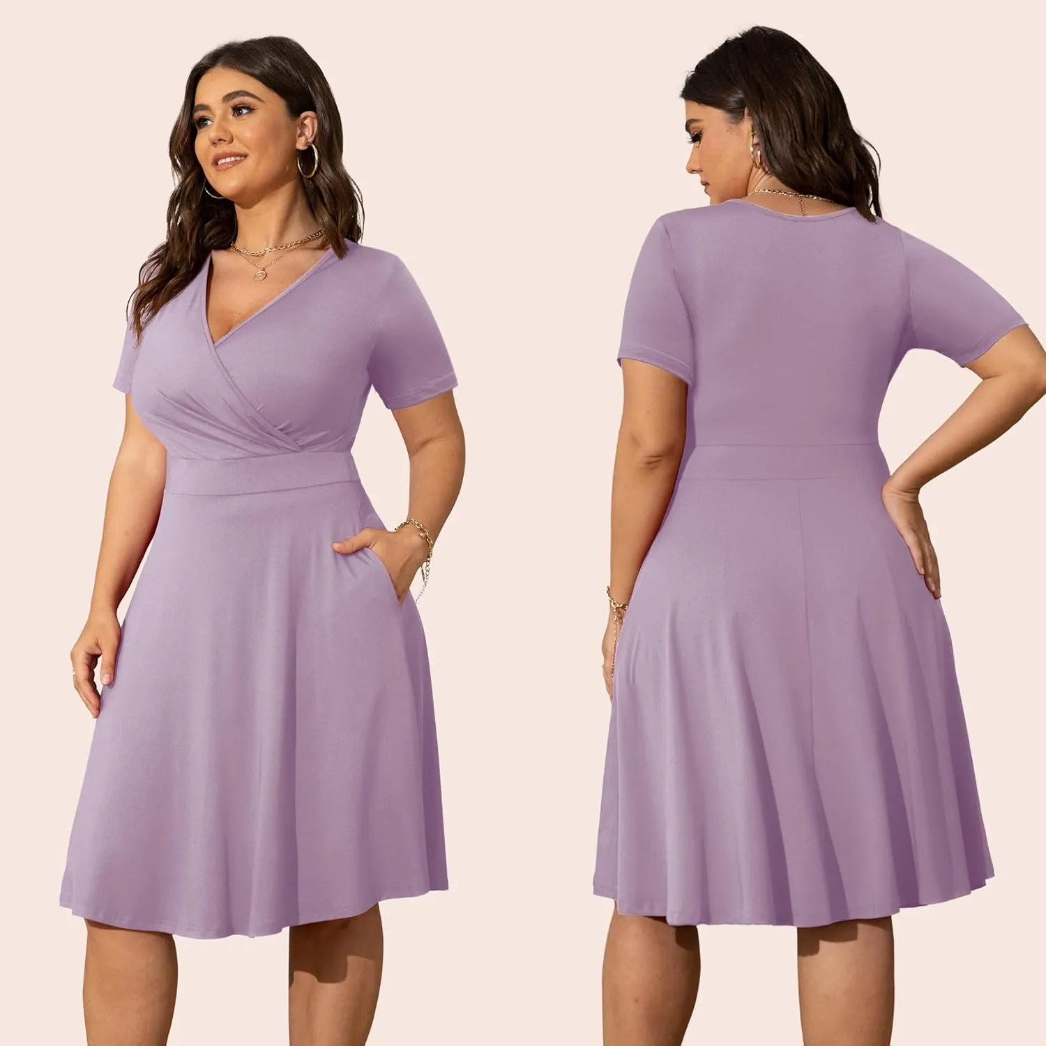 POSESHE Womens Plus Size Dresses Summer Short Sleeve Wrap V-Neck Sundress Casual Wedding Guest Cocktail Dress with Pockets
