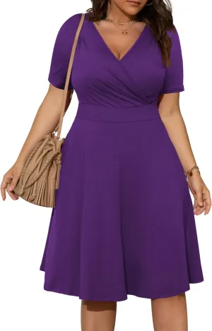 POSESHE Womens Plus Size Dresses Summer Short Sleeve Wrap V-Neck Sundress Casual Wedding Guest Cocktail Dress with Pockets