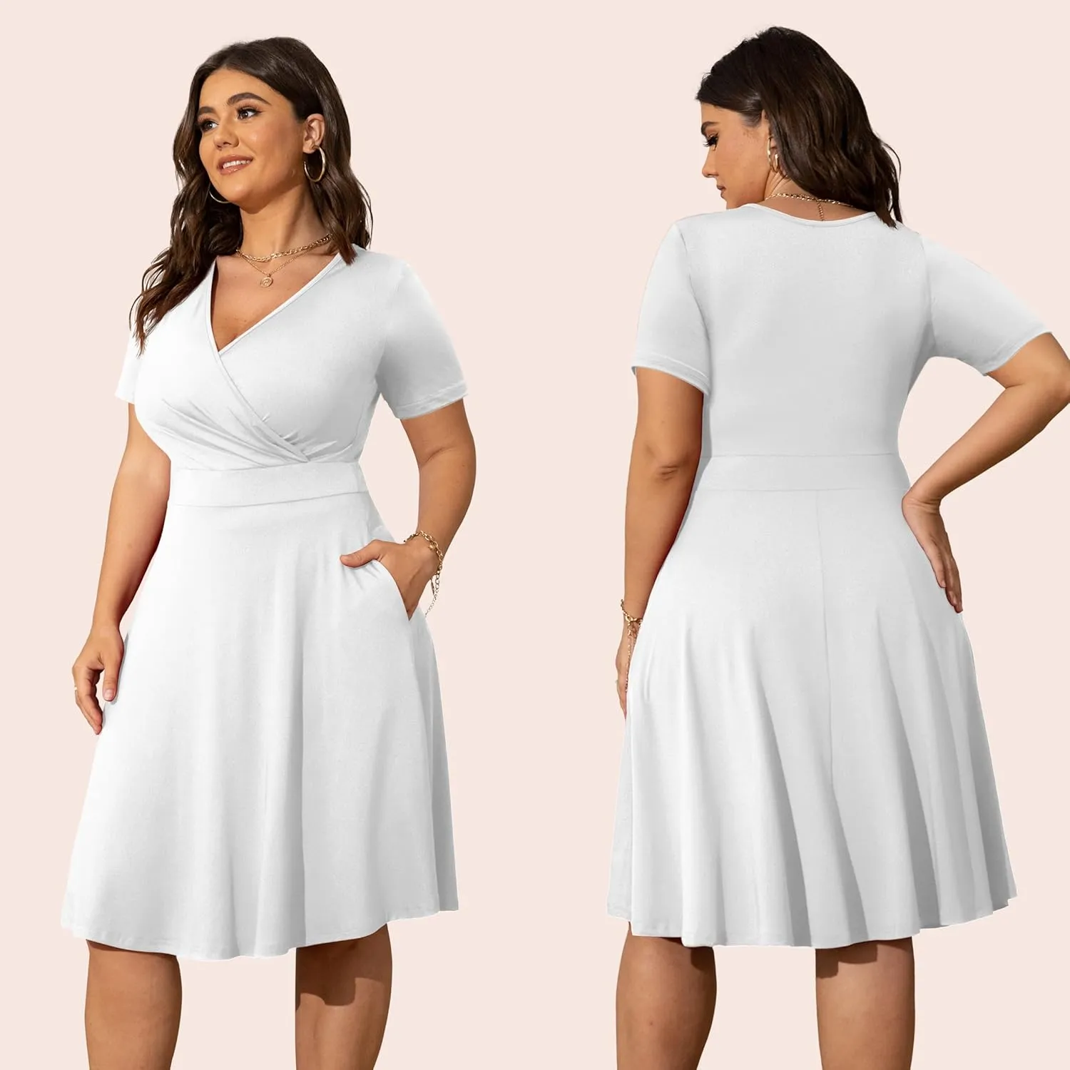 POSESHE Womens Plus Size Dresses Summer Short Sleeve Wrap V-Neck Sundress Casual Wedding Guest Cocktail Dress with Pockets