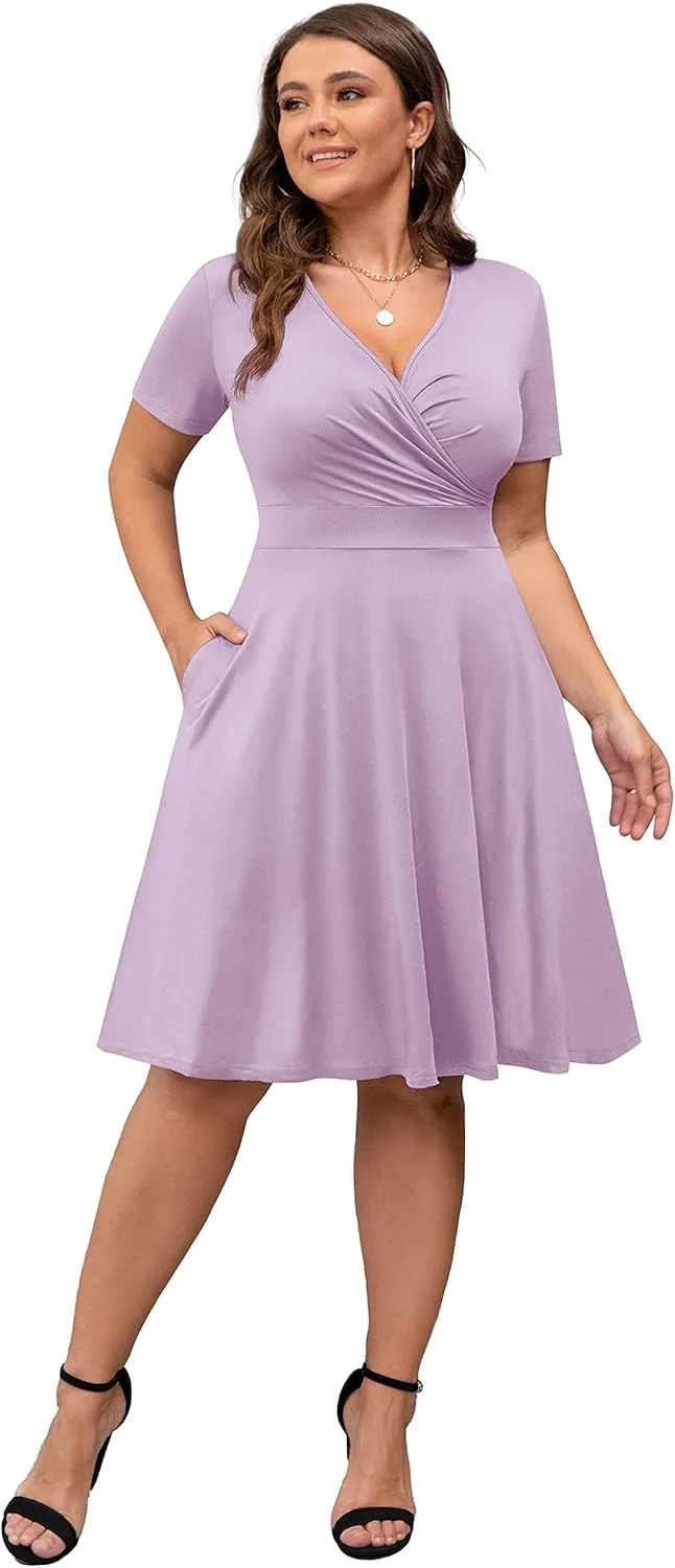 POSESHE Womens Plus Size Dresses Summer Short Sleeve Wrap V-Neck Sundress Casual Wedding Guest Cocktail Dress with Pockets