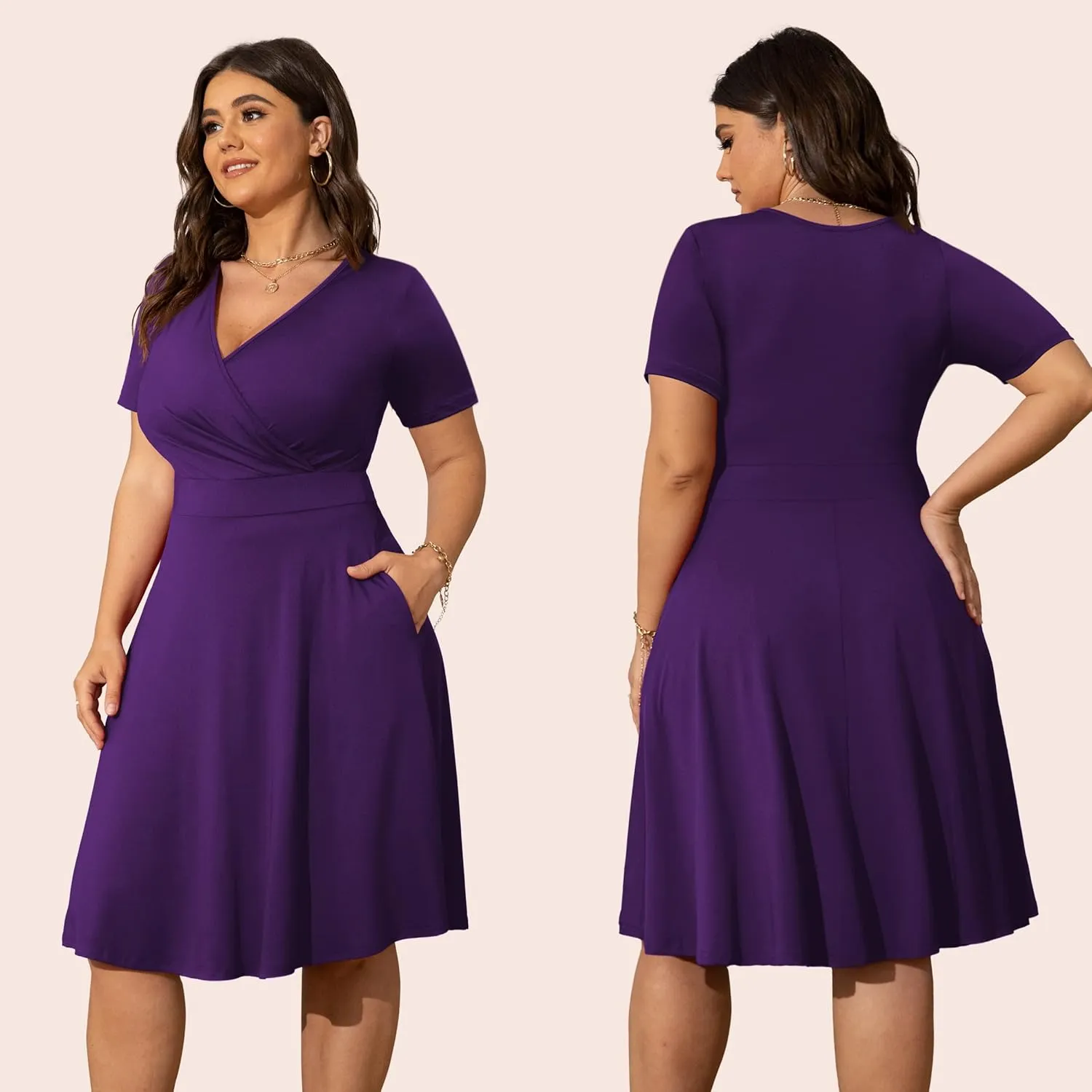 POSESHE Womens Plus Size Dresses Summer Short Sleeve Wrap V-Neck Sundress Casual Wedding Guest Cocktail Dress with Pockets