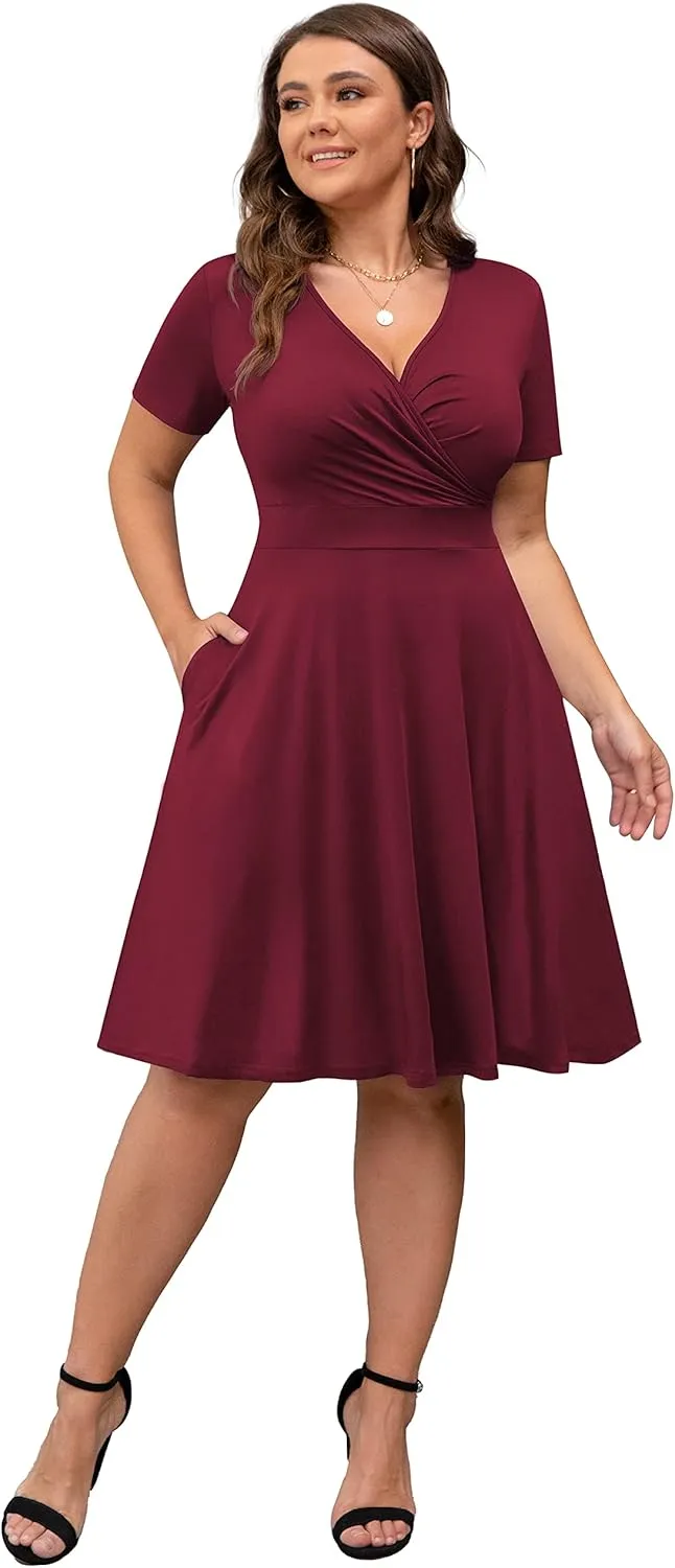 POSESHE Womens Plus Size Dresses Summer Short Sleeve Wrap V-Neck Sundress Casual Wedding Guest Cocktail Dress with Pockets