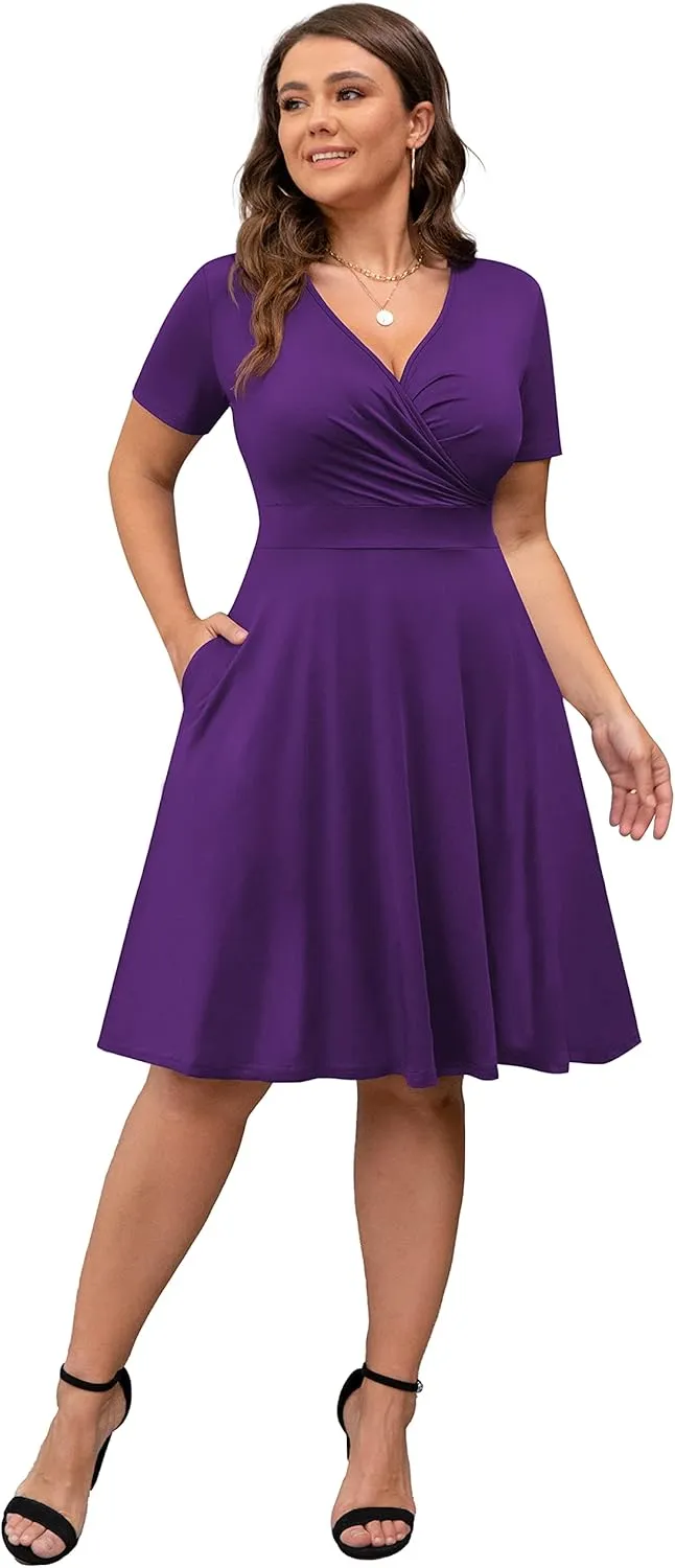 POSESHE Womens Plus Size Dresses Summer Short Sleeve Wrap V-Neck Sundress Casual Wedding Guest Cocktail Dress with Pockets