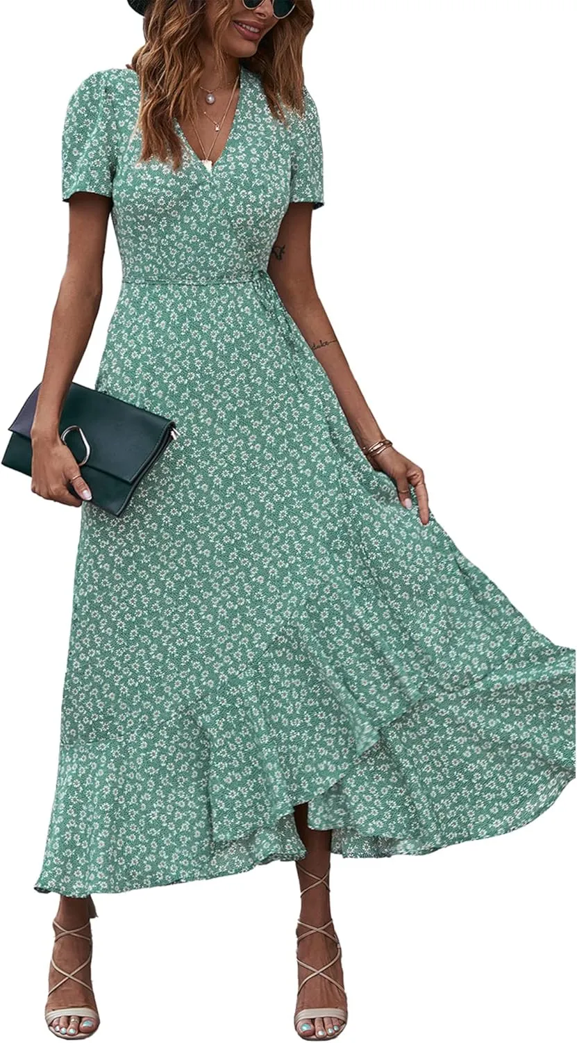 PRETTYGARDEN Women's Summer Maxi Dress Casual Wrap Floral Boho Short Sleeve V Neck Split Ruffle Beach Long Dresses