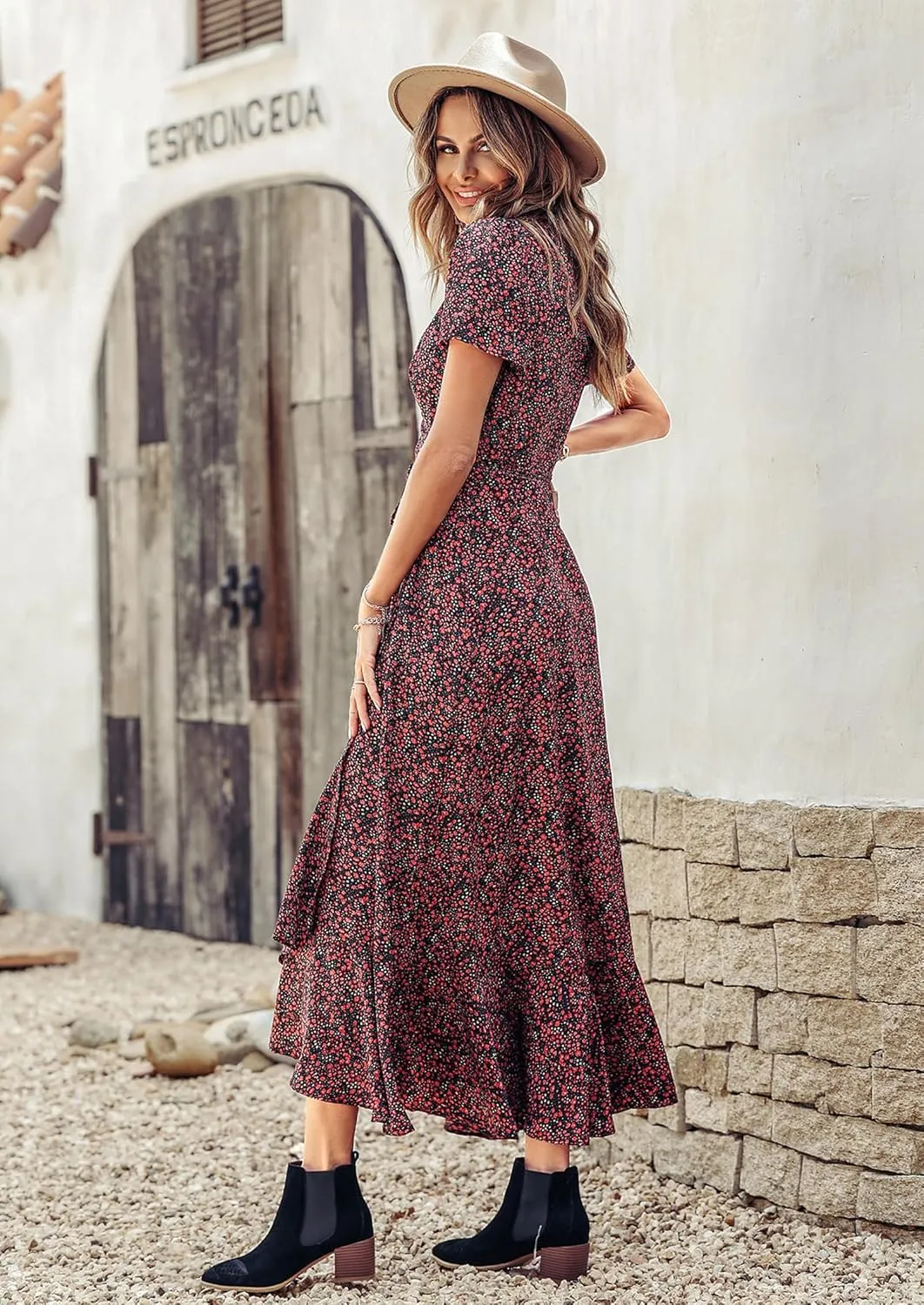 PRETTYGARDEN Women's Summer Maxi Dress Casual Wrap Floral Boho Short Sleeve V Neck Split Ruffle Beach Long Dresses