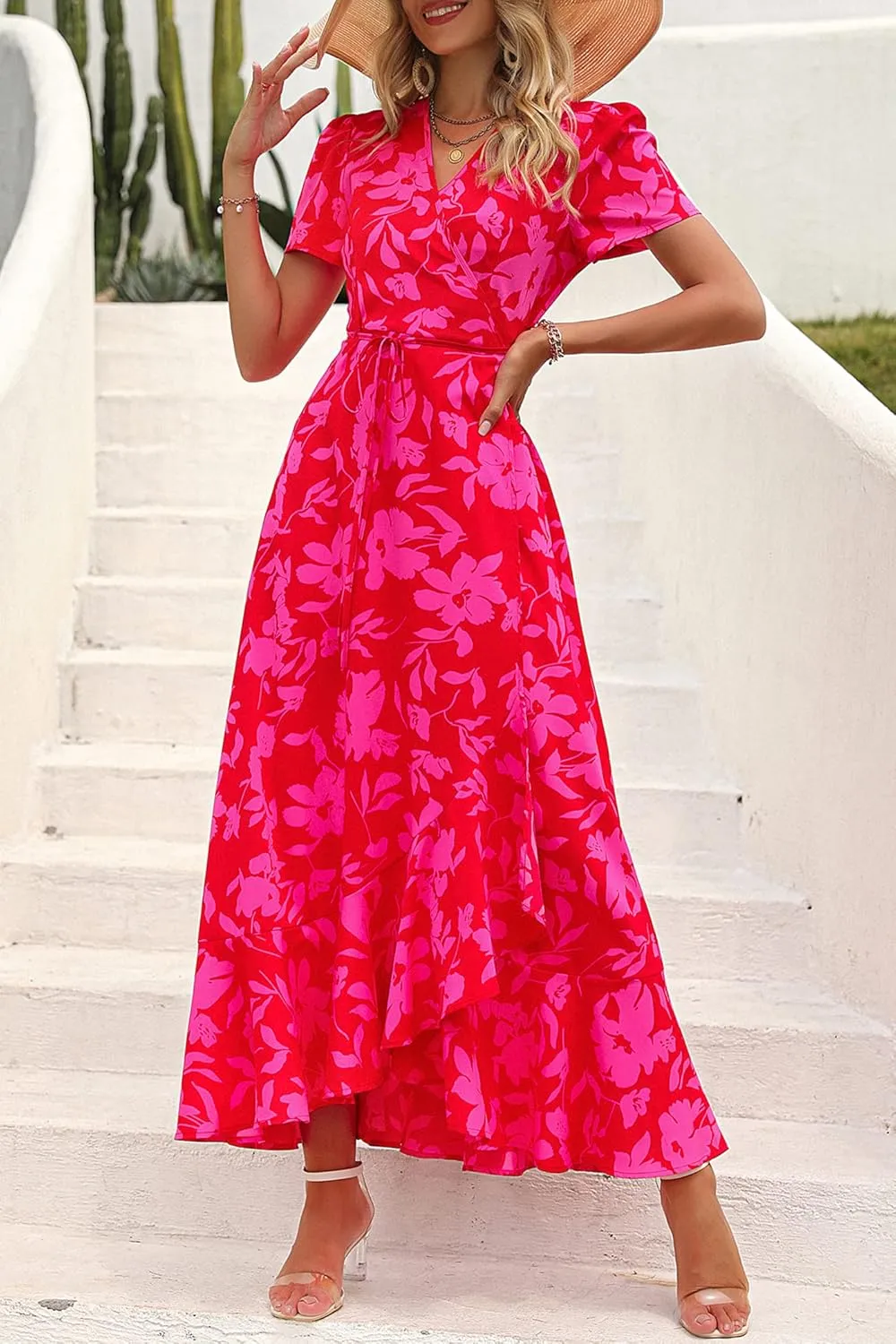 PRETTYGARDEN Women's Summer Maxi Dress Casual Wrap Floral Boho Short Sleeve V Neck Split Ruffle Beach Long Dresses