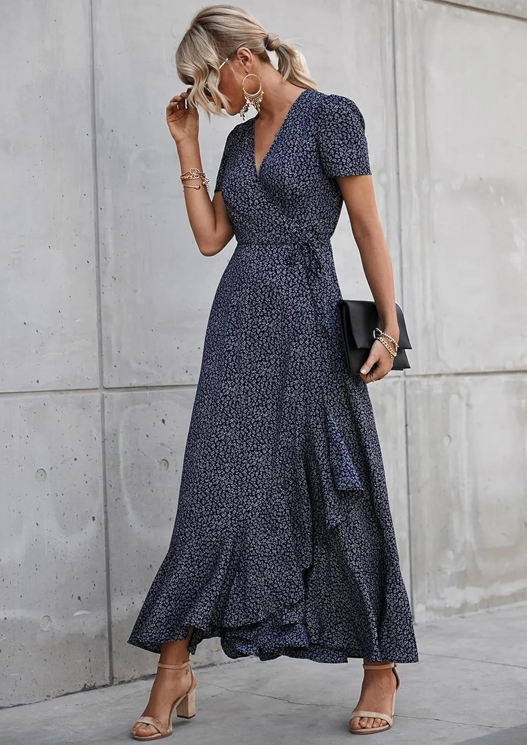 PRETTYGARDEN Women's Summer Maxi Dress Casual Wrap Floral Boho Short Sleeve V Neck Split Ruffle Beach Long Dresses