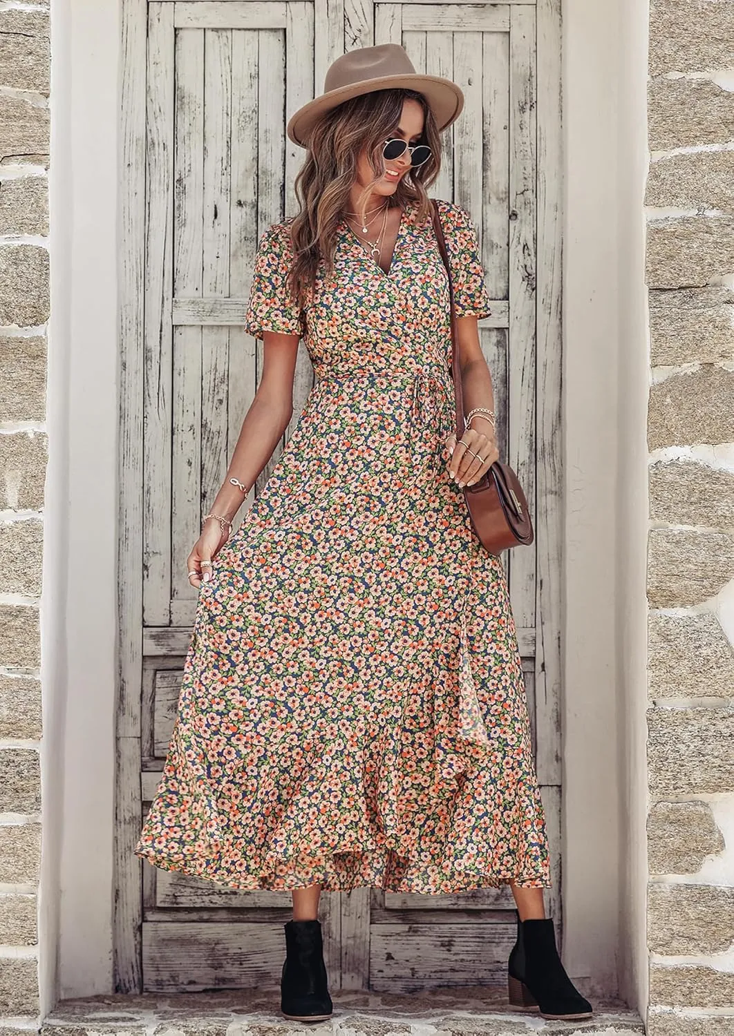PRETTYGARDEN Women's Summer Maxi Dress Casual Wrap Floral Boho Short Sleeve V Neck Split Ruffle Beach Long Dresses