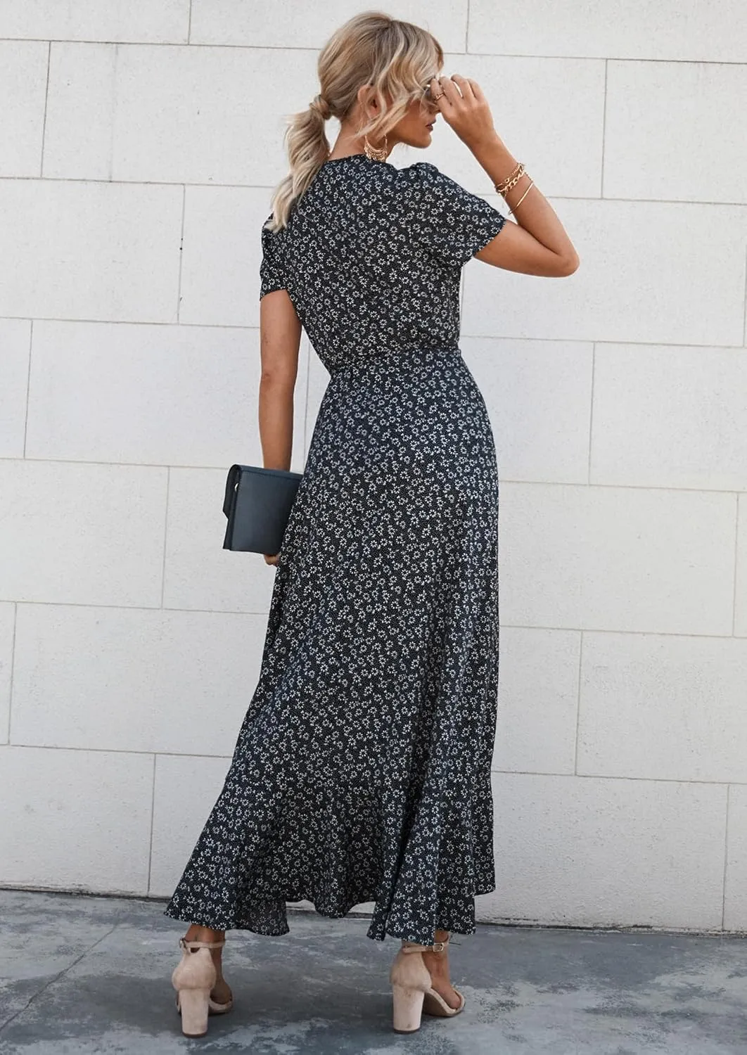 PRETTYGARDEN Women's Summer Maxi Dress Casual Wrap Floral Boho Short Sleeve V Neck Split Ruffle Beach Long Dresses