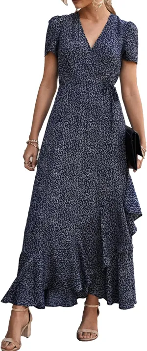 PRETTYGARDEN Women's Summer Maxi Dress Casual Wrap Floral Boho Short Sleeve V Neck Split Ruffle Beach Long Dresses