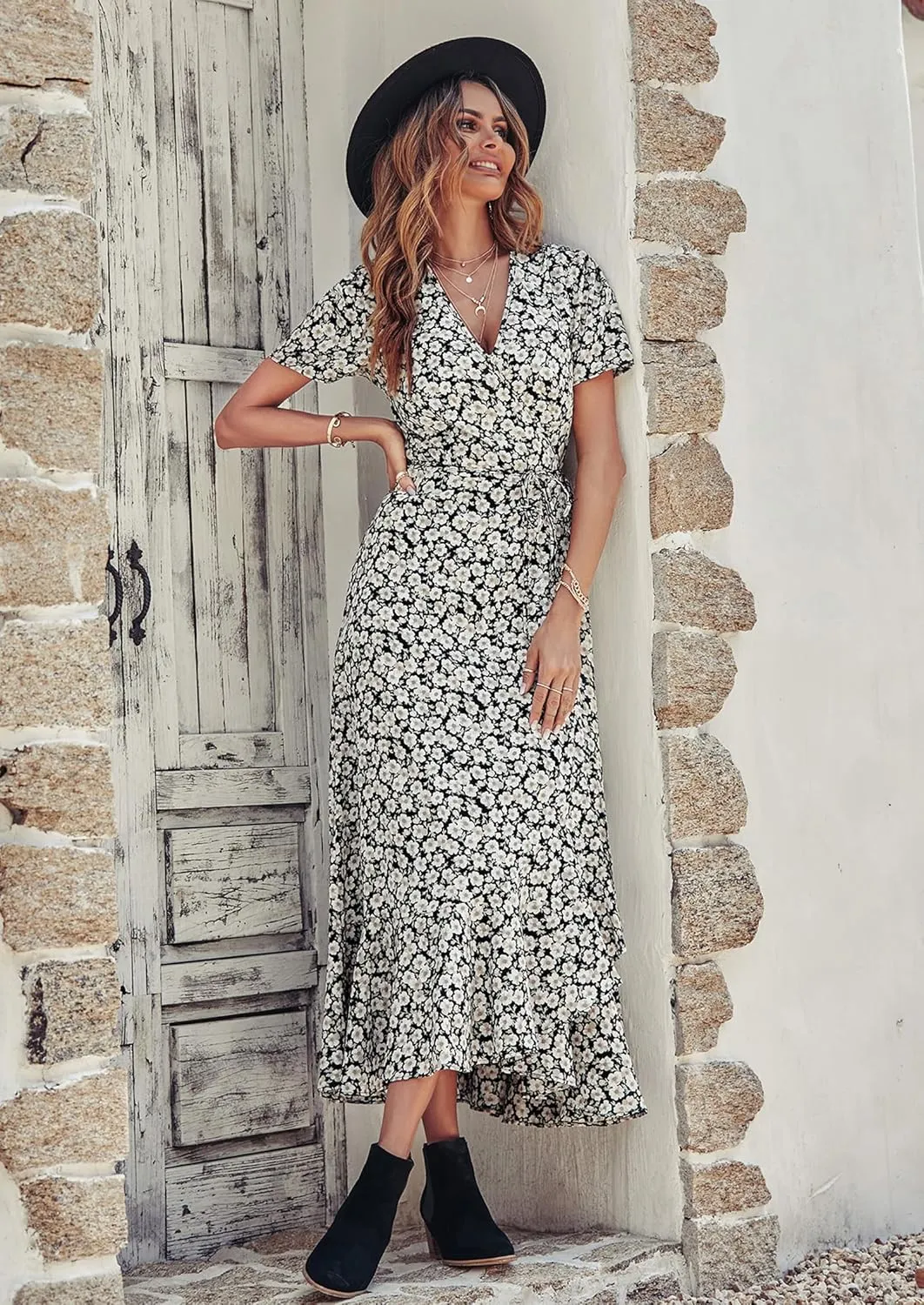PRETTYGARDEN Women's Summer Maxi Dress Casual Wrap Floral Boho Short Sleeve V Neck Split Ruffle Beach Long Dresses