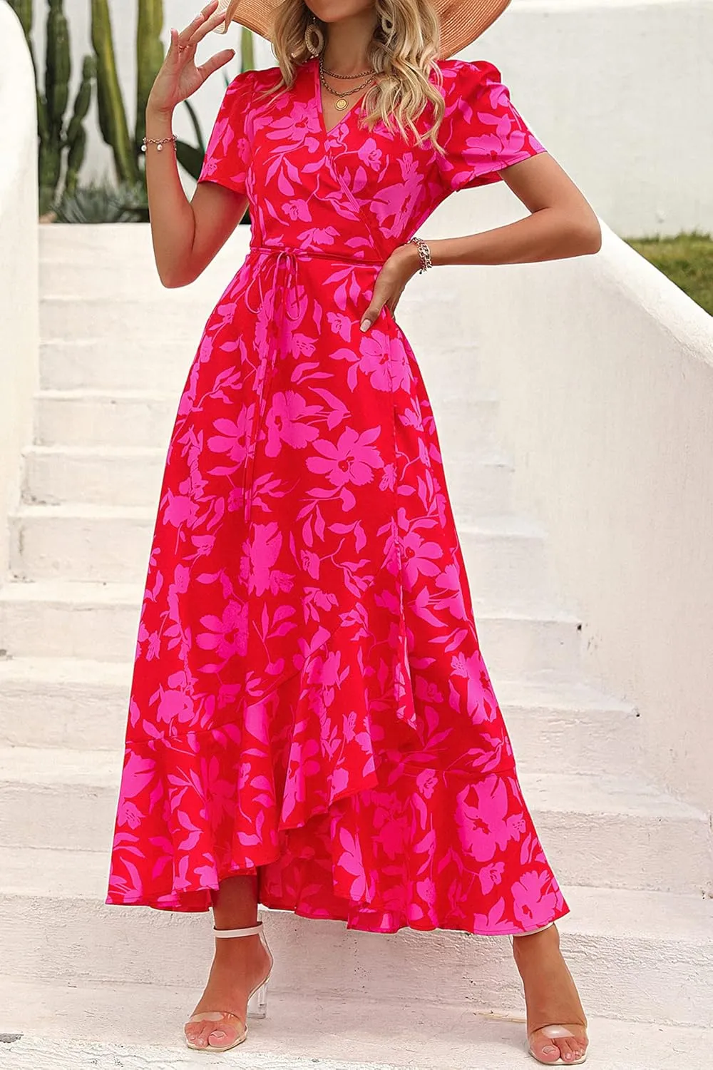 PRETTYGARDEN Women's Summer Maxi Dress Casual Wrap Floral Boho Short Sleeve V Neck Split Ruffle Beach Long Dresses