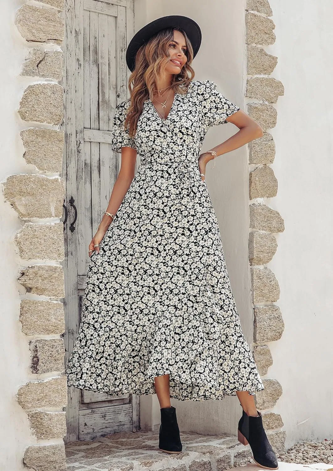 PRETTYGARDEN Women's Summer Maxi Dress Casual Wrap Floral Boho Short Sleeve V Neck Split Ruffle Beach Long Dresses