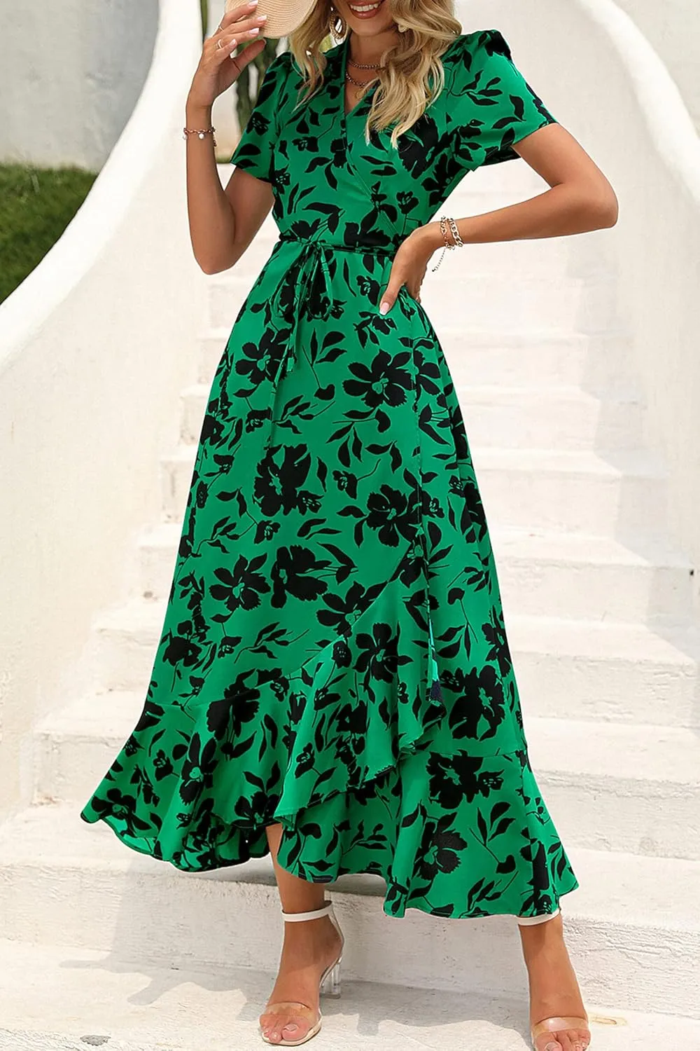PRETTYGARDEN Women's Summer Maxi Dress Casual Wrap Floral Boho Short Sleeve V Neck Split Ruffle Beach Long Dresses