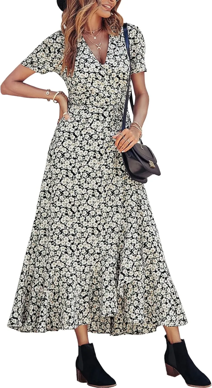 PRETTYGARDEN Women's Summer Maxi Dress Casual Wrap Floral Boho Short Sleeve V Neck Split Ruffle Beach Long Dresses