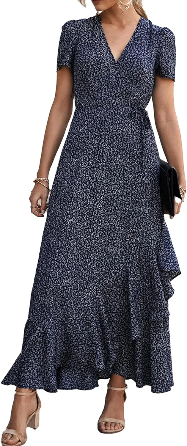 PRETTYGARDEN Women's Summer Maxi Dress Casual Wrap Floral Boho Short Sleeve V Neck Split Ruffle Beach Long Dresses
