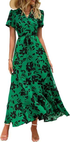 PRETTYGARDEN Women's Summer Maxi Dress Casual Wrap Floral Boho Short Sleeve V Neck Split Ruffle Beach Long Dresses