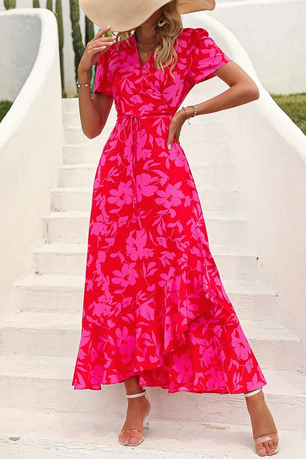 PRETTYGARDEN Women's Summer Maxi Dress Casual Wrap Floral Boho Short Sleeve V Neck Split Ruffle Beach Long Dresses