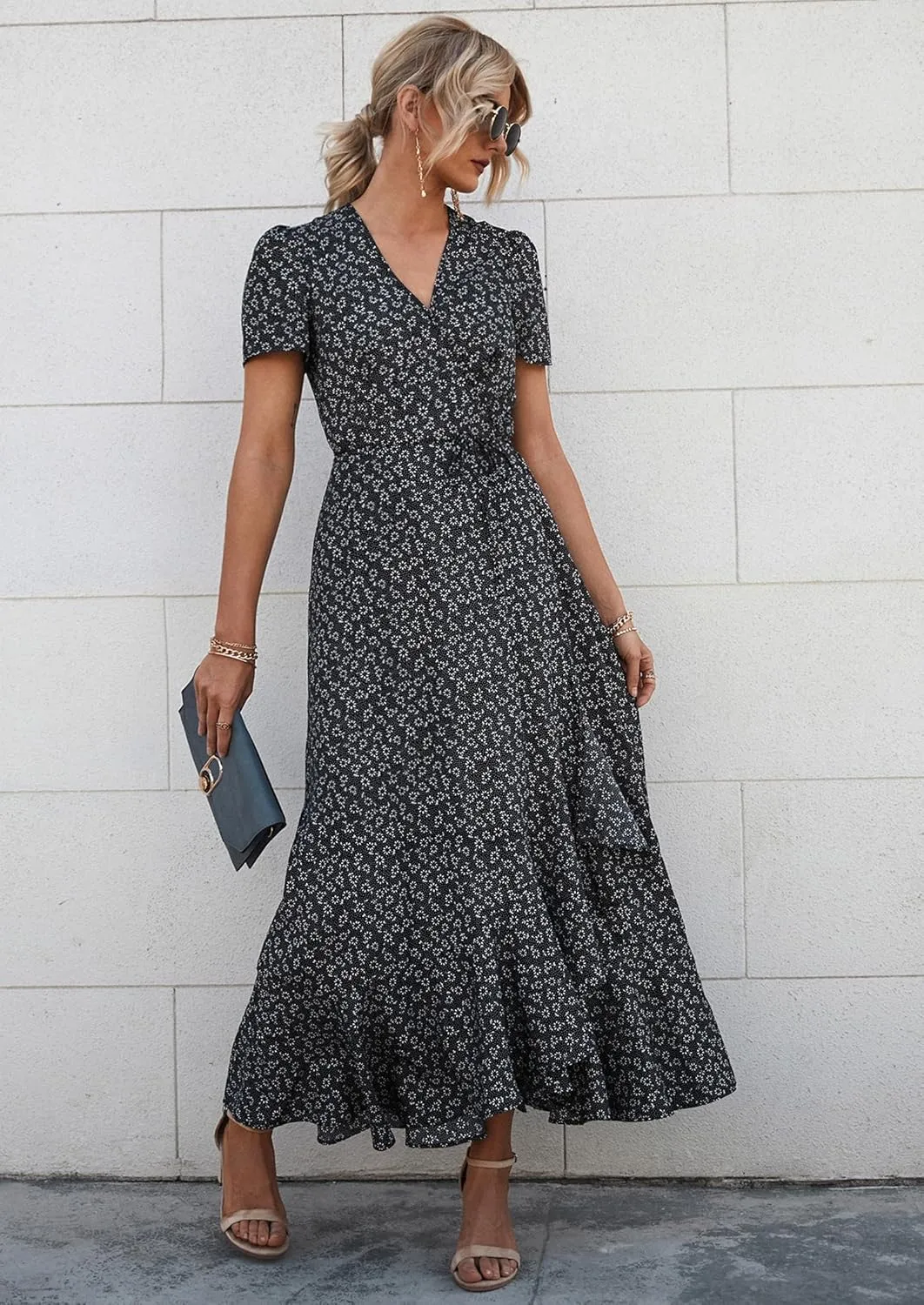PRETTYGARDEN Women's Summer Maxi Dress Casual Wrap Floral Boho Short Sleeve V Neck Split Ruffle Beach Long Dresses