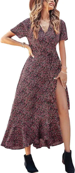 PRETTYGARDEN Women's Summer Maxi Dress Casual Wrap Floral Boho Short Sleeve V Neck Split Ruffle Beach Long Dresses