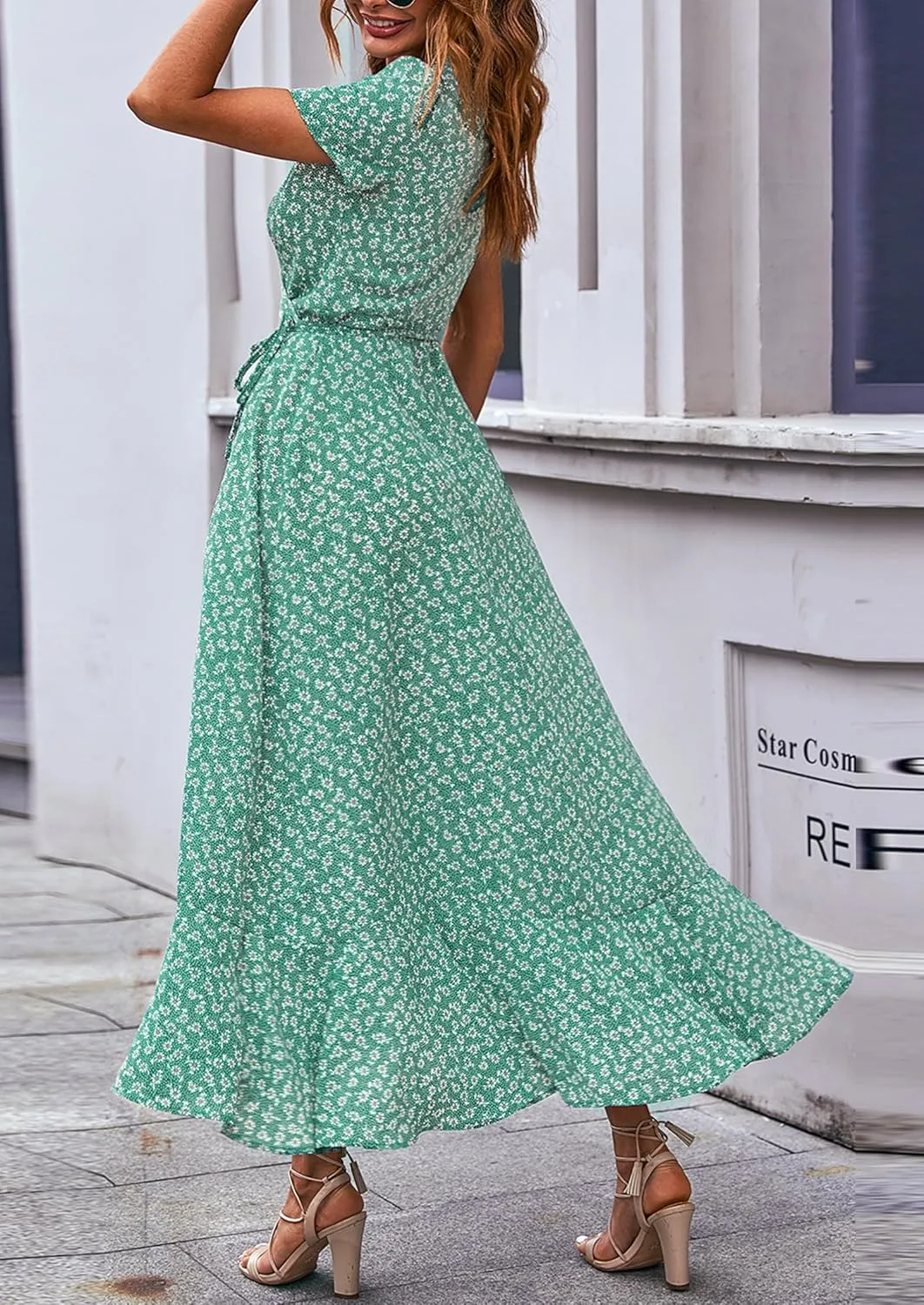 PRETTYGARDEN Women's Summer Maxi Dress Casual Wrap Floral Boho Short Sleeve V Neck Split Ruffle Beach Long Dresses