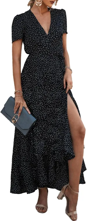 PRETTYGARDEN Women's Summer Maxi Dress Casual Wrap Floral Boho Short Sleeve V Neck Split Ruffle Beach Long Dresses