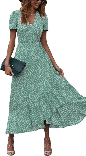 PRETTYGARDEN Women's Summer Maxi Dress Casual Wrap Floral Boho Short Sleeve V Neck Split Ruffle Beach Long Dresses