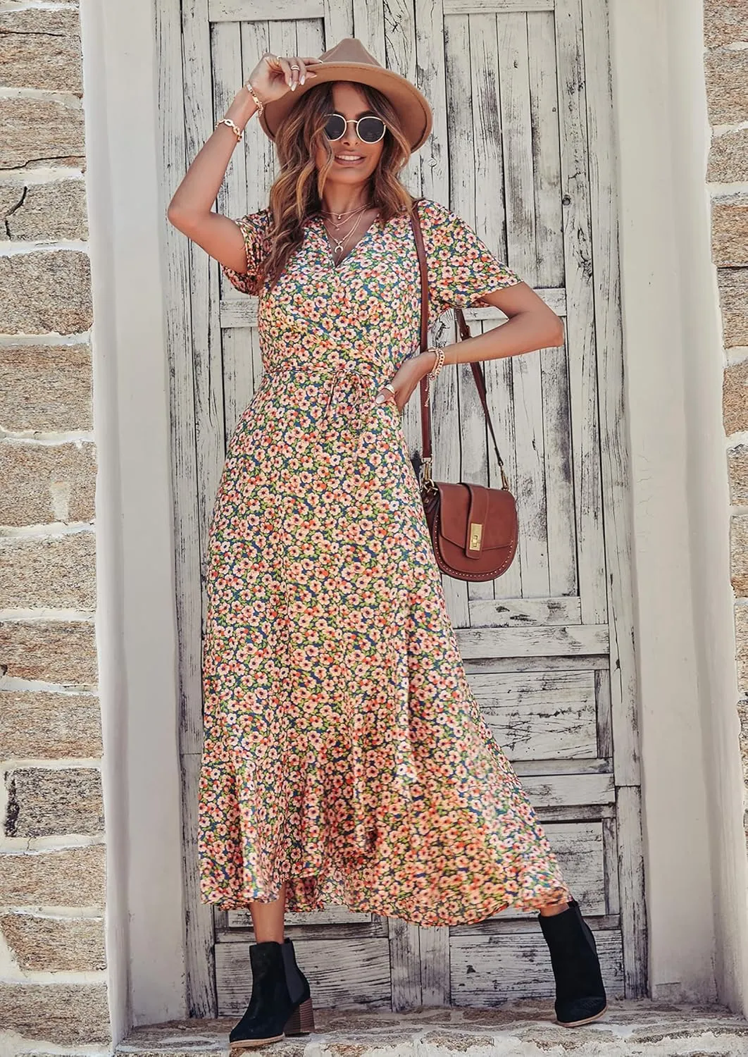 PRETTYGARDEN Women's Summer Maxi Dress Casual Wrap Floral Boho Short Sleeve V Neck Split Ruffle Beach Long Dresses