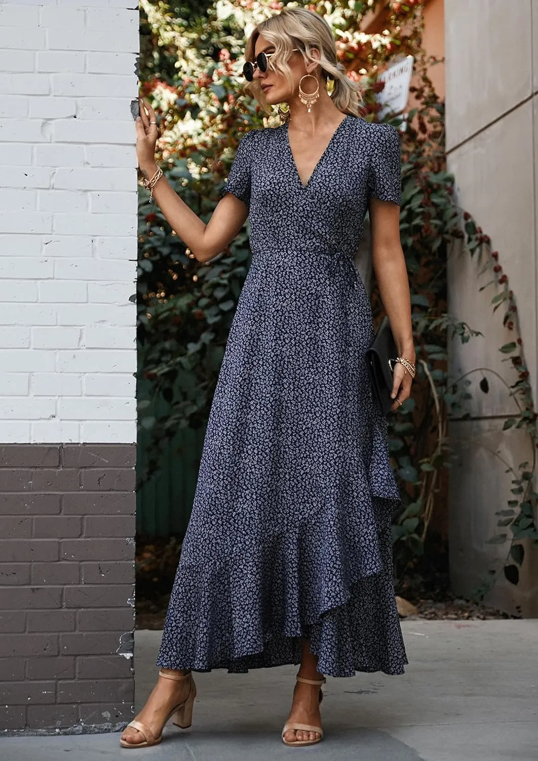 PRETTYGARDEN Women's Summer Maxi Dress Casual Wrap Floral Boho Short Sleeve V Neck Split Ruffle Beach Long Dresses