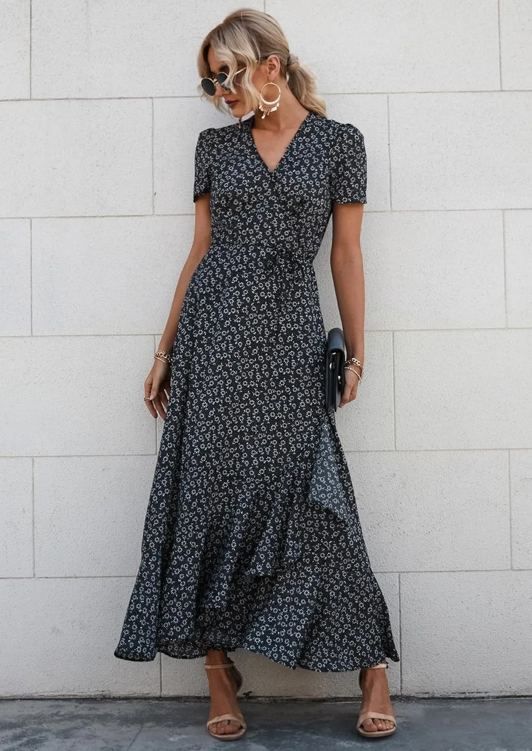 PRETTYGARDEN Women's Summer Maxi Dress Casual Wrap Floral Boho Short Sleeve V Neck Split Ruffle Beach Long Dresses