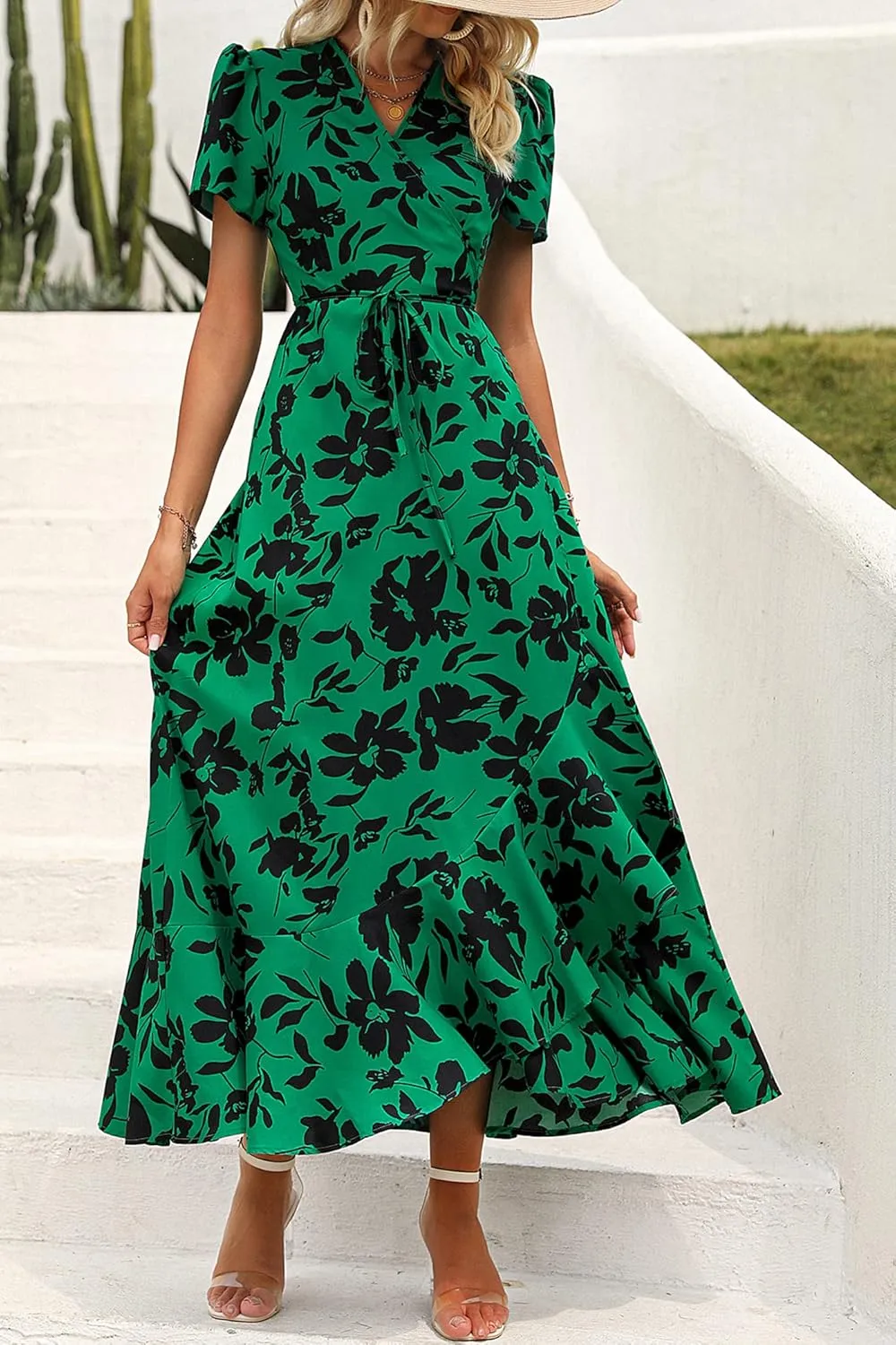 PRETTYGARDEN Women's Summer Maxi Dress Casual Wrap Floral Boho Short Sleeve V Neck Split Ruffle Beach Long Dresses