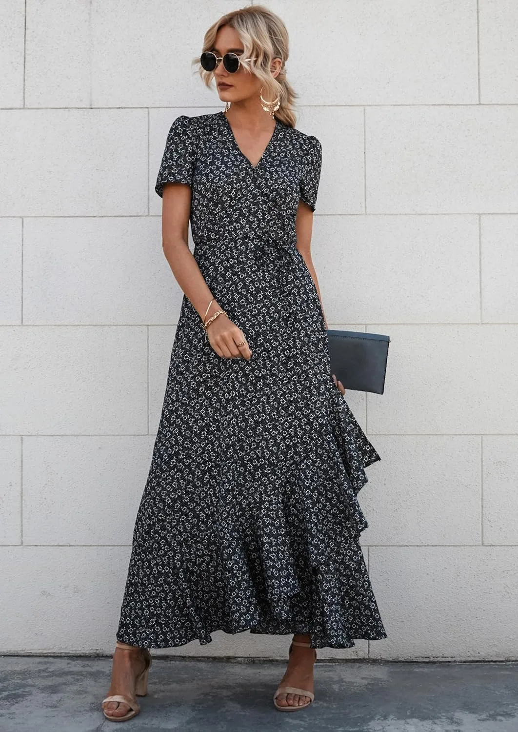 PRETTYGARDEN Women's Summer Maxi Dress Casual Wrap Floral Boho Short Sleeve V Neck Split Ruffle Beach Long Dresses