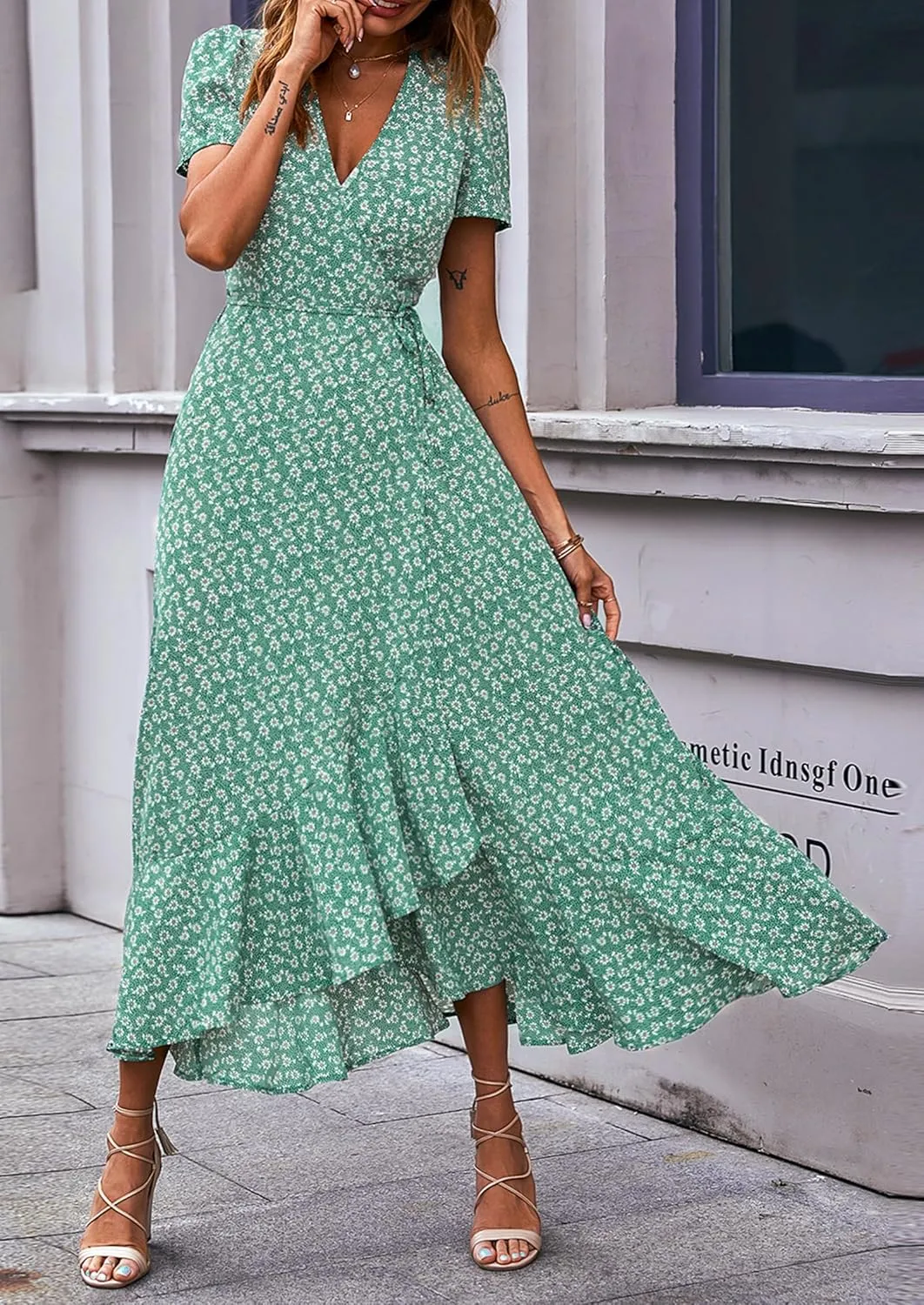 PRETTYGARDEN Women's Summer Maxi Dress Casual Wrap Floral Boho Short Sleeve V Neck Split Ruffle Beach Long Dresses