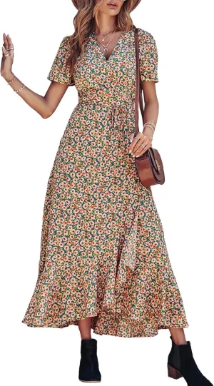 PRETTYGARDEN Women's Summer Maxi Dress Casual Wrap Floral Boho Short Sleeve V Neck Split Ruffle Beach Long Dresses