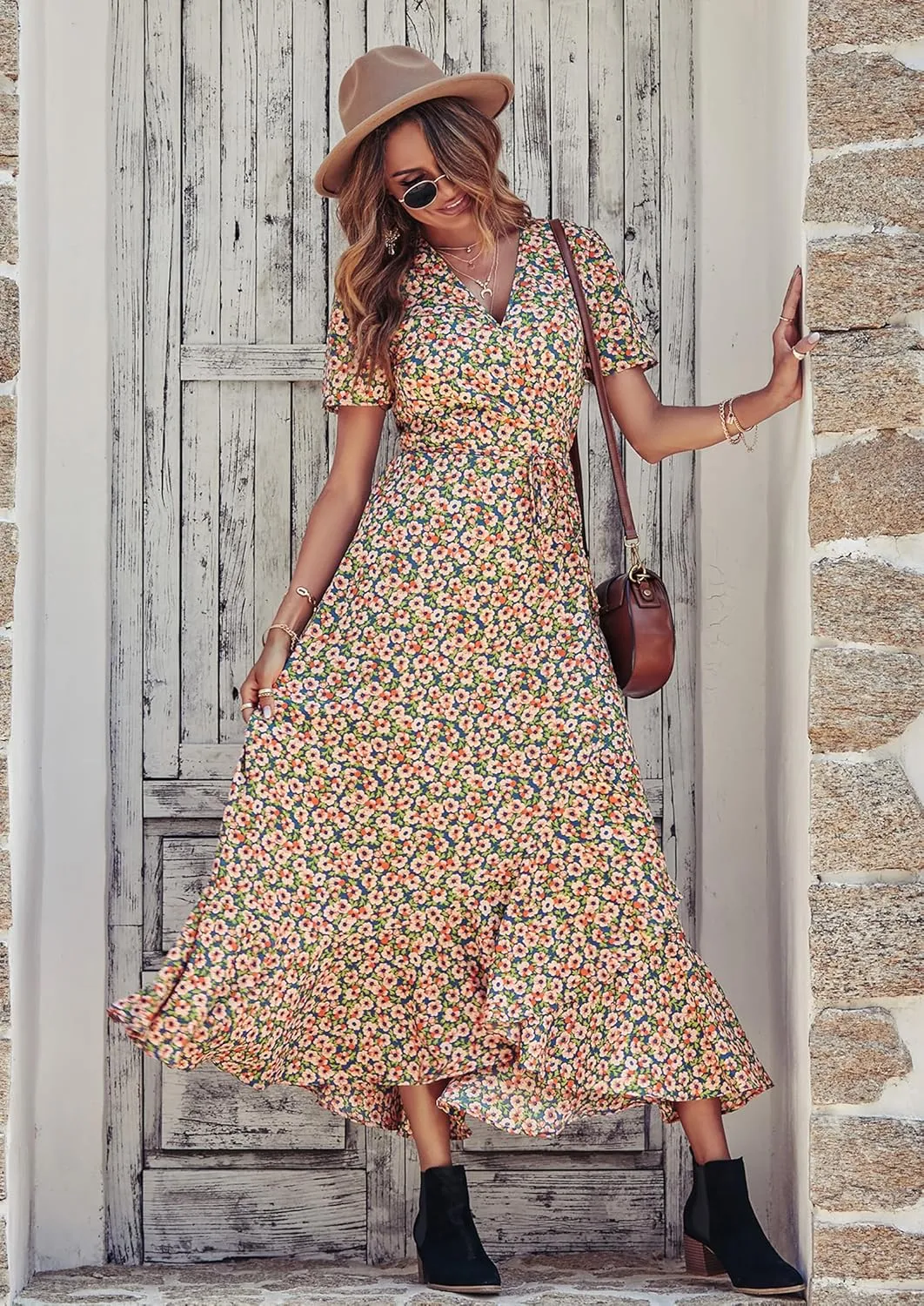PRETTYGARDEN Women's Summer Maxi Dress Casual Wrap Floral Boho Short Sleeve V Neck Split Ruffle Beach Long Dresses
