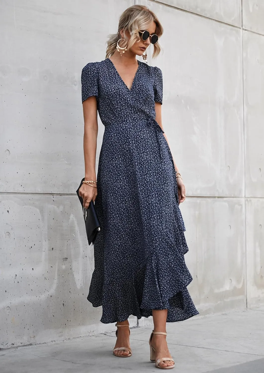 PRETTYGARDEN Women's Summer Maxi Dress Casual Wrap Floral Boho Short Sleeve V Neck Split Ruffle Beach Long Dresses