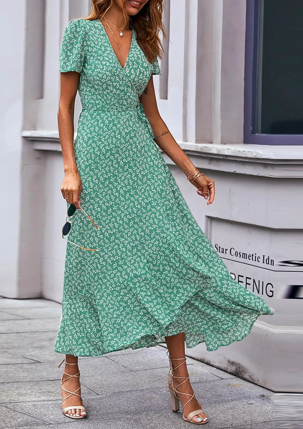 PRETTYGARDEN Women's Summer Maxi Dress Casual Wrap Floral Boho Short Sleeve V Neck Split Ruffle Beach Long Dresses