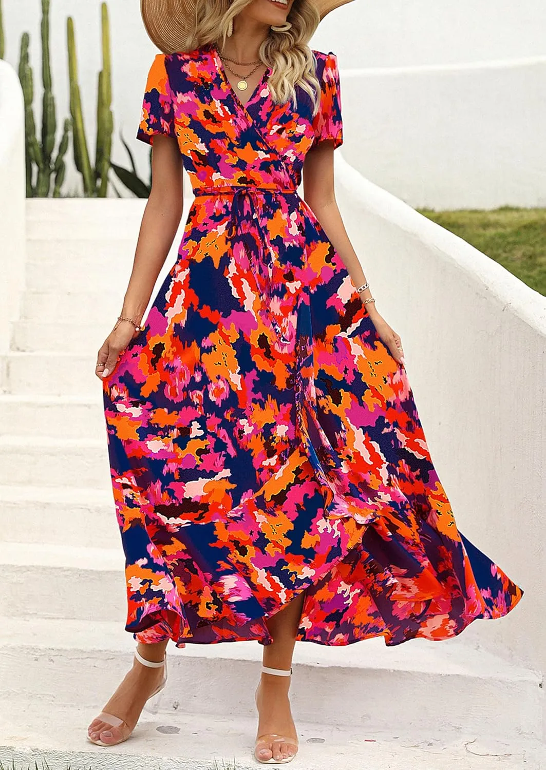 PRETTYGARDEN Women's Summer Maxi Dress Casual Wrap Floral Boho Short Sleeve V Neck Split Ruffle Beach Long Dresses