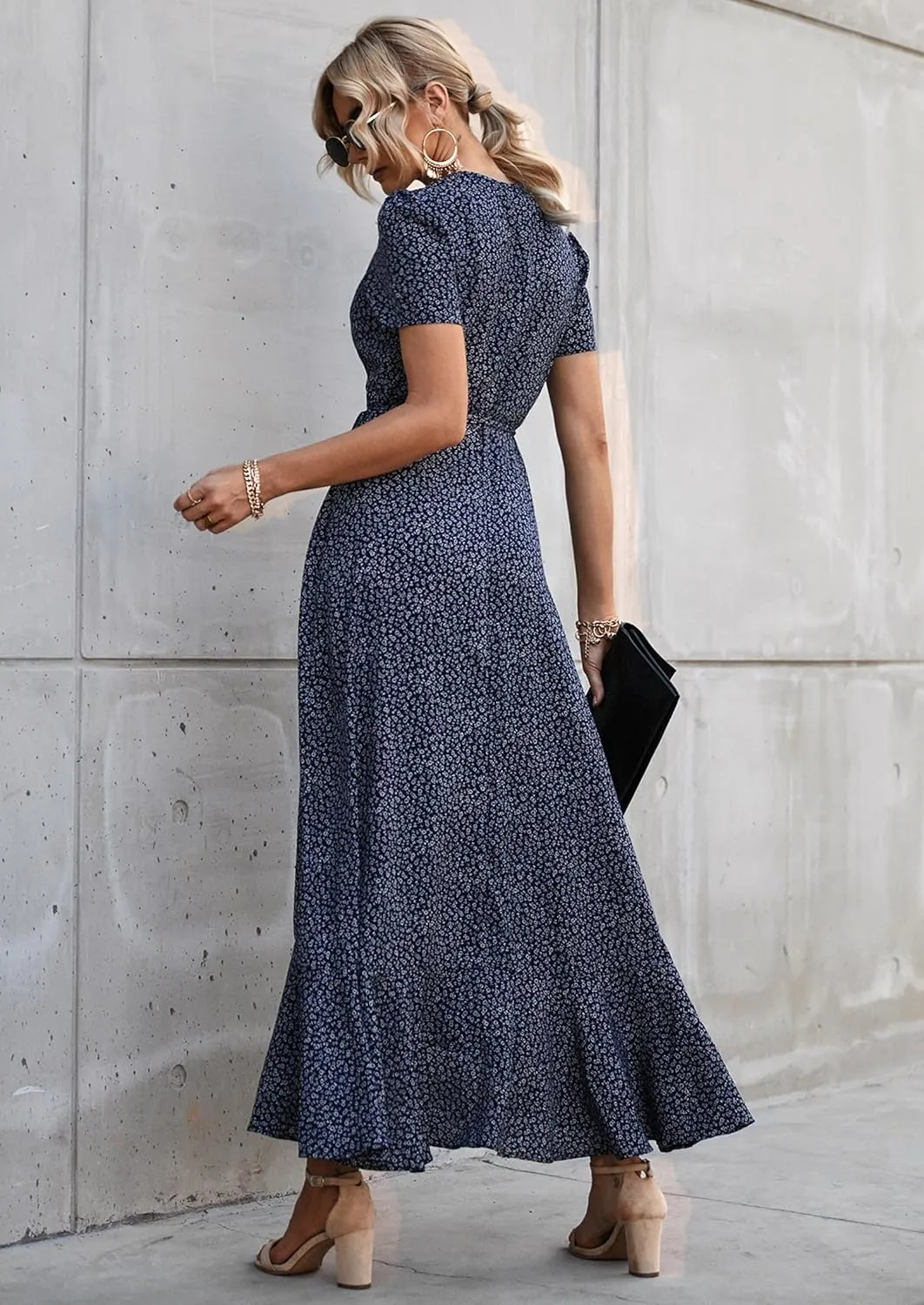 PRETTYGARDEN Women's Summer Maxi Dress Casual Wrap Floral Boho Short Sleeve V Neck Split Ruffle Beach Long Dresses
