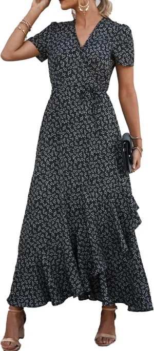 PRETTYGARDEN Women's Summer Maxi Dress Casual Wrap Floral Boho Short Sleeve V Neck Split Ruffle Beach Long Dresses