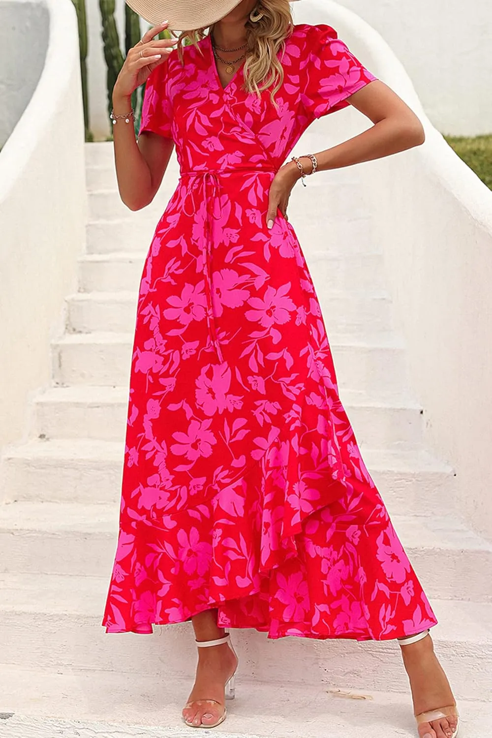 PRETTYGARDEN Women's Summer Maxi Dress Casual Wrap Floral Boho Short Sleeve V Neck Split Ruffle Beach Long Dresses