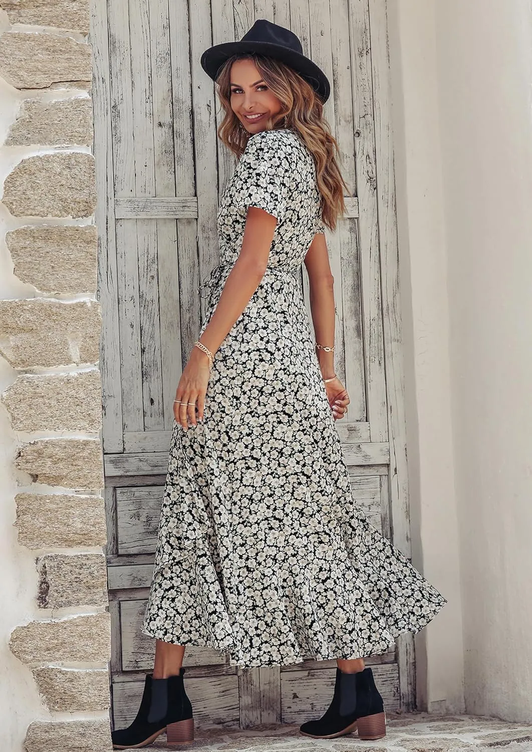 PRETTYGARDEN Women's Summer Maxi Dress Casual Wrap Floral Boho Short Sleeve V Neck Split Ruffle Beach Long Dresses