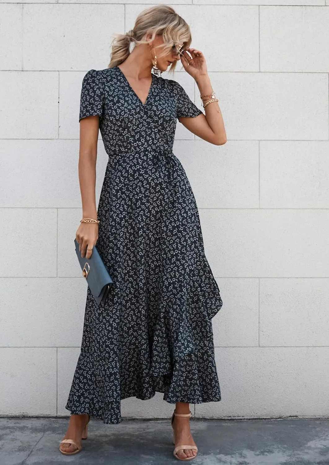 PRETTYGARDEN Women's Summer Maxi Dress Casual Wrap Floral Boho Short Sleeve V Neck Split Ruffle Beach Long Dresses