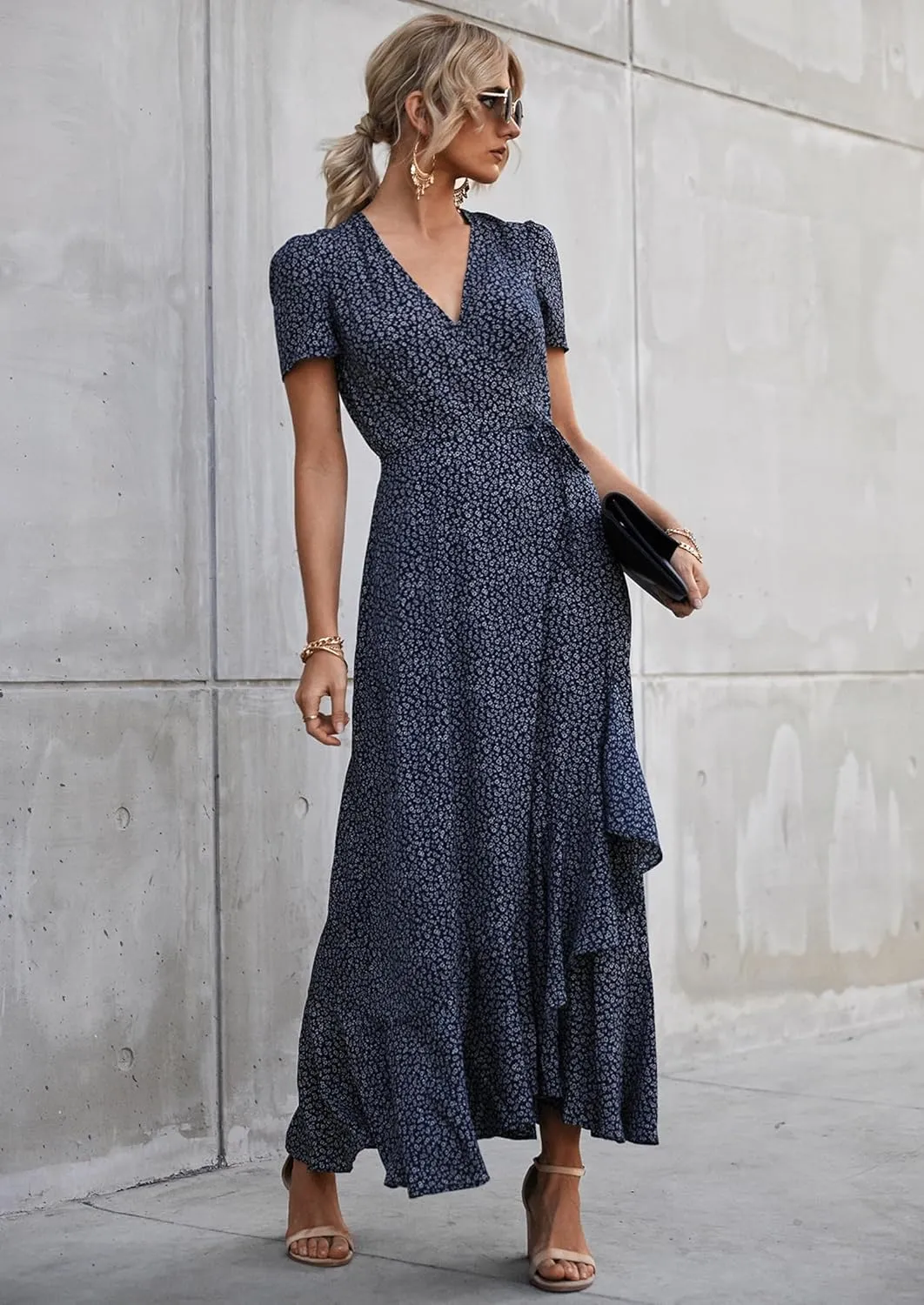PRETTYGARDEN Women's Summer Maxi Dress Casual Wrap Floral Boho Short Sleeve V Neck Split Ruffle Beach Long Dresses