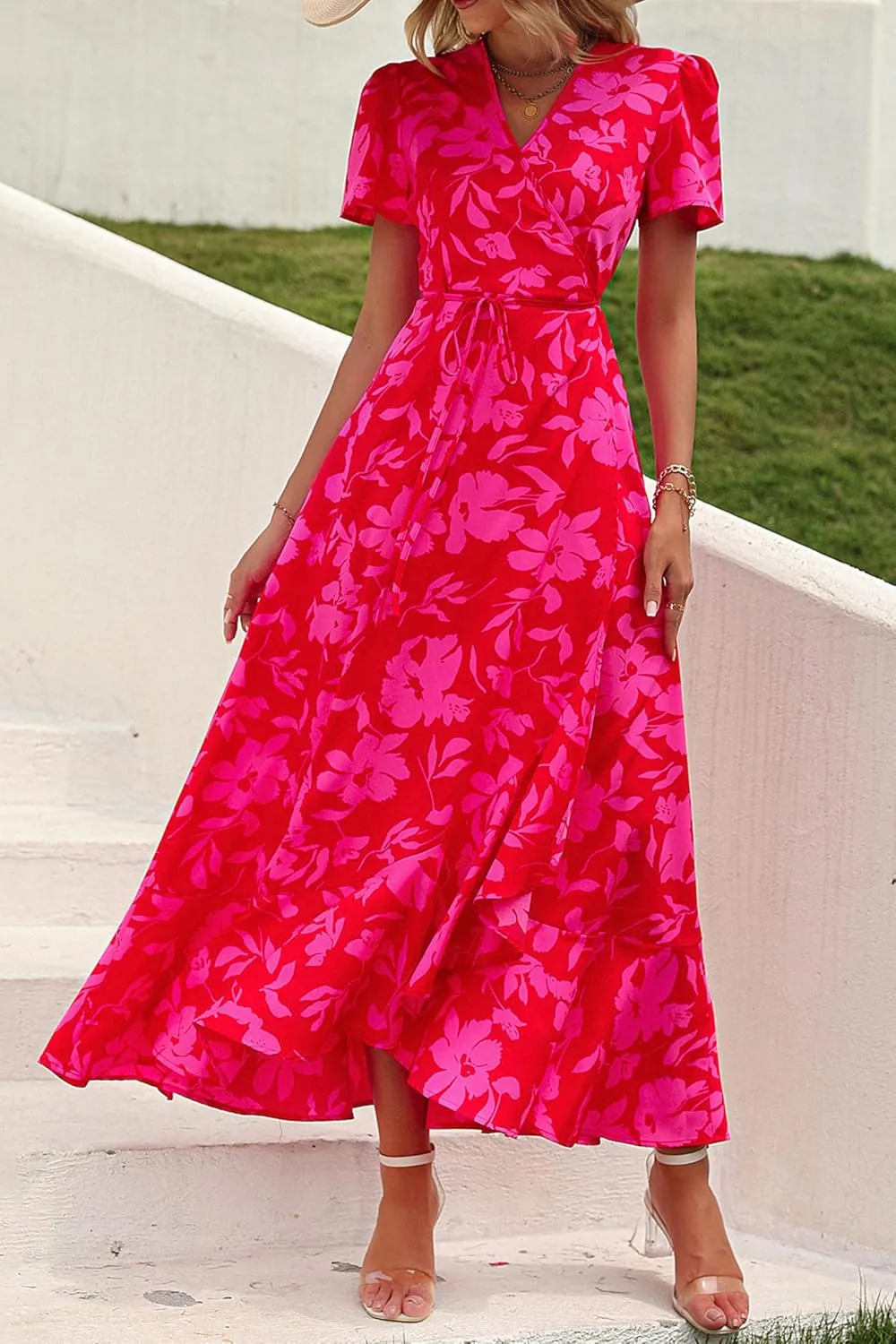PRETTYGARDEN Women's Summer Maxi Dress Casual Wrap Floral Boho Short Sleeve V Neck Split Ruffle Beach Long Dresses