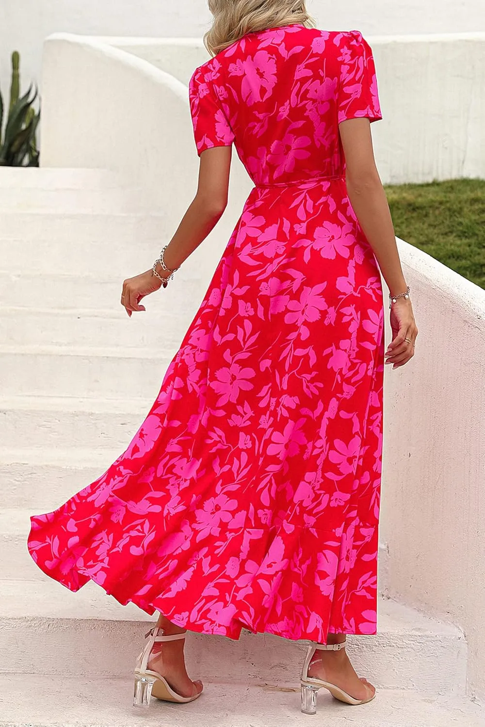 PRETTYGARDEN Women's Summer Maxi Dress Casual Wrap Floral Boho Short Sleeve V Neck Split Ruffle Beach Long Dresses