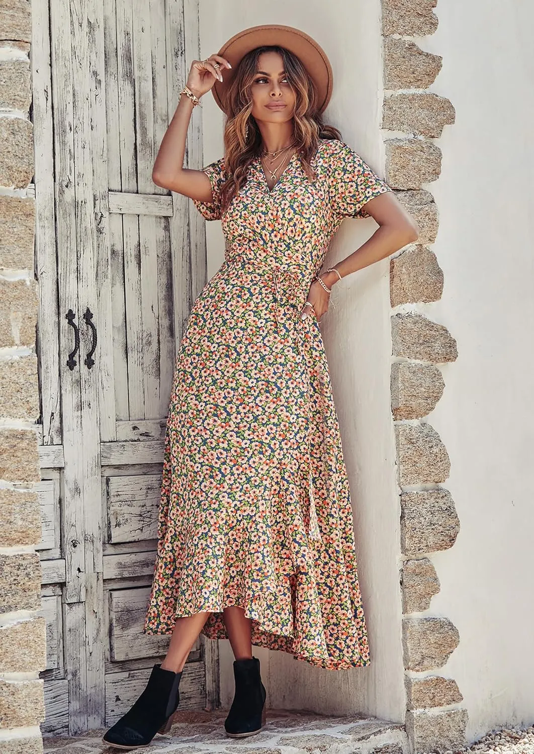 PRETTYGARDEN Women's Summer Maxi Dress Casual Wrap Floral Boho Short Sleeve V Neck Split Ruffle Beach Long Dresses