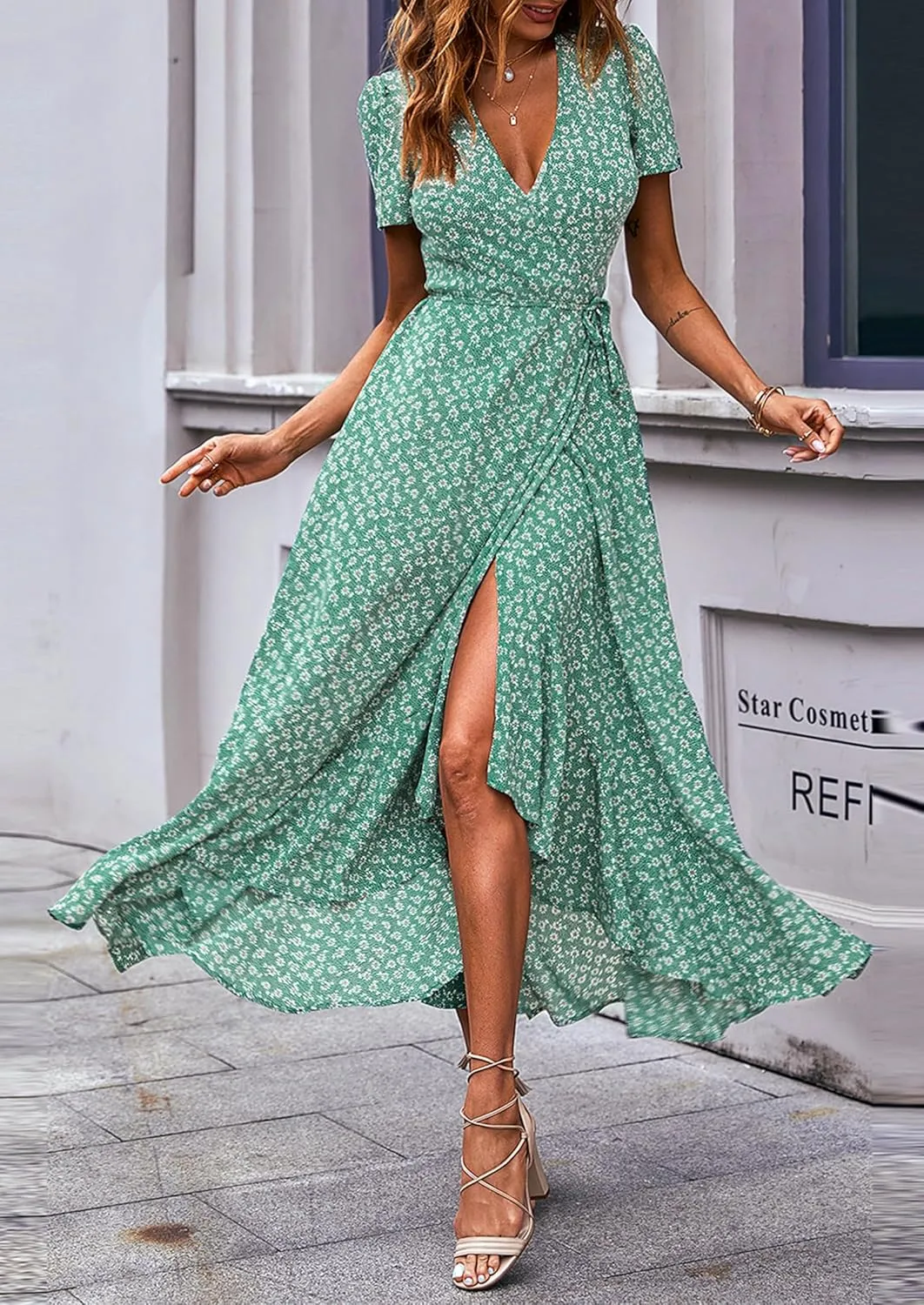 PRETTYGARDEN Women's Summer Maxi Dress Casual Wrap Floral Boho Short Sleeve V Neck Split Ruffle Beach Long Dresses